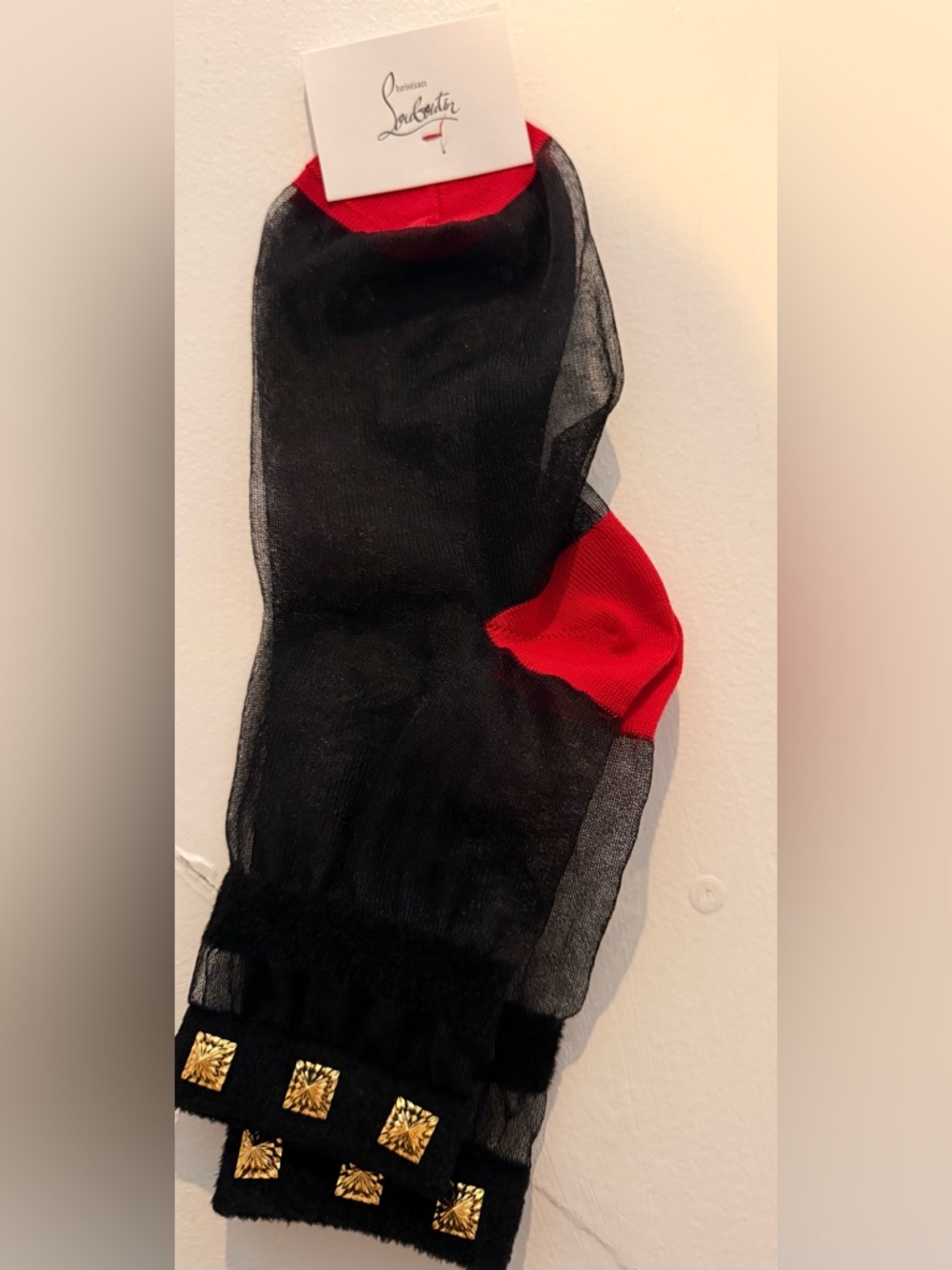 Christian Louboutin Sheer Black Ankle Socks with Red Heel and Toe and Gold Studs - Picture 4 of 6